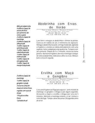 Abobrinha com Ervas
800 g de abobrinha
4 colheres (sopa) de            de Verão
                               TEMPO   DE PREPARO :   30   R ENDIMENTO: 6 PORÇÕES
azeite de oliva                        G RAU
                                                           MINUTOS
                                               DE DIFICULDADE: MÉDIO
                                                               CUSTO: BAIXO
sal e pimenta-do-                         ZN: 0,39 MN: 0,23 SE: 0,01
reino a gosto                           VTC: 13,33 VAR: 34,60 VTE: 1,85

2 colheres (sopa) de
manteiga
                        Lave bem e enxugue as abobrinhas e elimine as pontas.
2 colheres (sopa) de
alho picado             Corte-as em rodelas de uns 3 milímetros de espessura.
                        Refogue a abobrinha no azeite, em fogo moderado, agitando




                                                                                      SALADAS E LEGUMES
1 colher (sopa) de
                        a frigideira e virando as rodelas delicadamente com uma
salsinha picada
1 colher (sopa) de      espátula; tome cuidado para não quebrá-las. Tempere com
                        sal e pimenta. Depois de 5 a 7 minutos, escorra-as numa
cebolinha picada
                        peneira. Na mesma frigideira, derreta a manteiga e coloque
1 colher (sopa) de
endro picado            de volta as abobrinhas. Adicione o alho e as ervas. Misture
                        bem e sirva em seguida.
1 colher (sopa) de
estragão picado                                                                       47
1 colher (sopa) de
manjericão picado



                              Ervilha com Maçã
2 colheres (sopa) de
manteiga
                                  e Gengibre
                               TEMPO   DE PREPARO :   20    R ENDIMENTO: 4 PORÇÕES
                                                           MINUTOS

1 colher (sopa) de                     G RAU   DE DIFICULDADE: MÉDIO
                                                                CUSTO: MÉDIO
                                            ZN: 0,56 MN: 0,01 SE: -
gengibre ralado                          VTC: 9,29 VAR: 28,50 VTE: 1,76
3 xícaras (chá) de
maçã em fatias finas,
                        Leve uma frigideira ao fogo para aquecer. Junte metade da
regadas com suco de
                        manteiga e o gengibre e refogue-o por alguns segundos.
limão
                        Acrescente a maçã e a ervilha e refogue por cerca de 5
170 g de ervilha        minutos. Adicione a manteiga restante e o sal; misture e
fresca                  retire do fogo. Tampe e deixe descansar 30 segundos antes
1 pitada de sal         de servir.
 