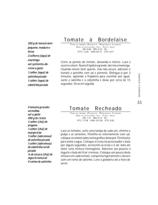 Tomate                           à         Bordelaise
300 g de tomate bem           TEMPO   DE PREPARO :   20   R ENDIMENTO: 4 PORÇÕES
                                                          MINUTOS

pequeno, maduro e                     G RAU   DE DIFICULDADE: FÁCIL
                                                              CUSTO: BAIXO
                                          ZN: 0,08 MN: 0,10 SE: -
firme                                  VTC: 13,20 VAR: 84,75 VTE: 0,57

2 colheres (sopa) de
manteiga
                       Corte as pontas do tomate, deixando-o inteiro. Lave e
sal e pimenta-do-      escorra-o bem. Numa frigideira grande, derreta a manteiga.
reino a gosto          Quando estiver bem quente, mas não escura, adicione o
1 colher (sopa) de     tomate e polvilhe com sal e pimenta. Refogue-o por 2




                                                                                    SALADAS E LEGUMES
salsinha picada        minutos, agitando a frigideira para cozinhar por igual.
1 colher (sopa) de     Junte a salsinha e a cebolinha e deixe por cerca de 15
cebolinha picada       segundos. Sirva em seguida.




                                                                                    53
4 tomates grandes
vermelhos
                              Tomate                          Recheado
                              TEMPO   DE PREPARO :   25   R ENDIMENTO: 4 PORÇÕES
sal a gosto
                                                          MINUTOS
                                      G RAU   DE DIFICULDADE: FÁCIL
                                                             CUSTO: MÉDIO
400 g de ricota                            ZN: 1,41 MN: 0,13 SE: -
                                       VTC: 17,98 VAR: 247,00 VTE: 0,82
1 colher (chá) de
orégano
1 colher (chá) de
                       Lave os tomates, corte uma tampa de cada um, elimine a
manjericão
                       polpa e as sementes. Polvilhe-os internamente com sal,
1 colher (sobremesa)
                       coloque-os emborcados numa grelha e deixe por 10 minutos
de salsinha picada
                       para soltar a água. Coloque a ricota no processador e bata
1 colher (sobremesa)
                       por alguns segundos, acrescente as ervas e o sal; bata até
de cebolinha verde
                       obter uma mistura homogênea. Adicione aos poucos o
picada
                       iogurte e bata até ficar cremoso. Coloque um pouco desta
¼ de xícara (chá) de
                       mistura em cada tomate, comprima ligeiramente e decore
iogurte natural
                       com um ramo de salsinha. Leve à geladeira até a hora de
4 ramos de salsinha
                       servir.
 