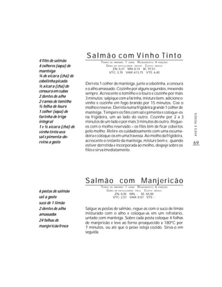 Salmão com Vinho Tinto
4 filés de salmão                TEMPO DE PREPARO : 1 HORA R ENDIMENTO: 4 PORÇÕES
4 colheres (sopa) de                G RAU DE DIFICULDADE: MÉDIO CUSTO: MÉDIO
                                         ZN: 0,27 MN: 0,14 SE: 97,51
manteiga                              VTC: 3,70 VAR: 613,75 VTE: 6,40
¼ de xícara (chá) de
cebolinha picada
                        Derreta 1 colher de manteiga, junte a cebolinha, a cenoura
½ xícara (chá) de
                        e o alho amassado. Cozinhe por alguns segundos, mexendo
cenoura em cubos
                        sempre. Acrescente o tomilho e o louro e cozinhe por mais
2 dentes de alho        3 minutos; salpique com a farinha, misture bem, adicione o
2 ramos de tomilho      vinho e cozinhe em fogo brando por 15 minutos. Coe o
½ folha de louro        molho e reserve. Derreta numa frigideira grande 1 colher de
1 colher (sopa) de      manteiga. Tempere os filés com sal e pimenta e coloque-os




                                                                                      AVES E PEIXES
farinha de trigo        na frigideira, um ao lado do outro. Cozinhe por 2 a 3
integral                minutos de um lado e por mais 3 minutos do outro. Regue-
1 e ½ xícara (chá) de   os com o molho reservado – os filés têm de ficar cobertos
vinho tinto seco        pelo molho. Retire-os cuidadosamente com uma escuma-
sal e pimenta-do-       deira e coloque-os em uma travessa. Ao molho da frigideira,
reino a gosto           acrescente o restante da manteiga, misture bem e, quando
                                                                                      69
                        estiver derretida e incorporada ao molho, despeje sobre os
                        filés e sirva imediatamente.




                        Salmão com Manjericão
                                 TEMPO DE PREPARO : 1 HORA R ENDIMENTO: 6 PORÇÕES
6 postas de salmão                   G RAU DE DIFICULDADE: FÁCIL CUSTO: MÉDIO
                                           ZN: 0,05 MN: - SE: 65,00
sal a gosto                               VTC: 2,57 VAR: 0,07 VTE: -

suco de 1 limão
2 dentes de alho        Salgue as postas de salmão, regue-as com o suco de limão
amassados               misturado com o alho e coloque-as em um refratário,
                        untado com manteiga. Sobre cada posta coloque 4 folhas
24 folhas de
                        de manjericão e leve ao forno preaquecido a 180ºC por
manjericão fresco       7 minutos, ou até que o peixe esteja cozido. Sirva-o em
                        seguida.
 