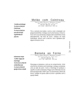 Melão                   com                  Cointreau
                              TEMPO   DE PREPARO :   20        R ENDIMENTO: 4 PORÇÕES
                                                          MINUTOS
                                      G RAU DE DIFICULDADE: MÉDIO CUSTO: BAIXO
1 melão cantaloupe                         ZN: 0,50 MN: 0,16 SE: 2,26
½ xícara (chá) de                     VTC: 145,35 VAR: 973.50 VTE: 1,01

Cointreau
½ xícara (chá) de      Tire a semente do melão e corte-o com o boleador em
suco de laranja        pequenas bolinhas. Coloque-as em uma travessa, misture o
4 galhinhos de         licor com o suco de laranja, despeje sobre as bolinhas e mexa
alecrim                delicadamente. Na hora de servir, coloque em taças
                       individuais, decore com o alecrim, leve à geladeira por
                       alguns minutos e sirva.




                                                                                        SOBREMESAS
                                                                                        77
                              Banana ao Forno
                              TEMPO   DE PREPARO :   30    R ENDIMENTO: 4 PORÇÕES
                                                          MINUTOS
6 bananas-maçã                        G RAU   DE DIFICULDADE: FÁCIL
                                                               CUSTO: BAIXO
                                           ZN: 0,78 MN: 0,22 SE: -
1 colher (sopa) de                      VTC: 11,38 VAR: 70,25 VTE: 0,44
manteiga
¼ de xícara (chá) de
vinho Marsala          Descasque as bananas e corte-as no comprimento. Unte
                       uma fôrma refratária com manteiga e coloque as bananas
½ xícara (chá) de
                       uma ao lado da outra. Corte a manteiga em pedaços e
queijo minas ralado    espalhe-os sobre as bananas. Regue com o Marsala e leve ao
                       forno preaquecido a 180ºC por 15 a 20 minutos. Retire do
                       forno, coloque no prato onde irá servir e polvilhe com o
                       queijo ralado.
 