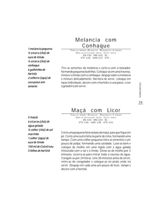 Melancia com
1 melancia pequena
                                      Conhaque
                               TEMPO   DE PREPARO :   20    R ENDIMENTO: 6 PORÇÕES
                                                           MINUTOS

½ xícara (chá) de                      G RAU   DE DIFICULDADE: MÉDIO
                                                                CUSTO: MÉDIO
                                            ZN: 0,03 MN: 0,03 SE: -
suco de limão                              VTC: 6,46 VAR: 0,37 VTE: -
½ xícara (chá) de
conhaque
                        Tire as sementes da melancia e corte-a com o boleador
6 galhinhos de
                        formando pequenas bolinhas. Coloque-as em uma travessa,
hortelã                 misture o limão com o conhaque, despeje sobre a melancia
2 colheres (sopa) de    e misture delicadamente. Na hora de servir, coloque em
uva passa sem           taças individuais, decore com a hortelã e a uva passa. Leve




                                                                                      SOBREMESAS
semente                 à geladeira até servir.




                                                                                      79

                                Maçã                       com         Licor
                               TEMPO   DE PREPARO :   20   R ENDIMENTO: 5 PORÇÕES
                                                           MINUTOS

5 maçãs                                G RAU   DE DIFICULDADE: MÉDIO
                                                               CUSTO: MÉDIO
                                            ZN: 0,03 MN: 0,03 SE: -
6 xícaras (chá) de                       VTC: 4,56 VAR: 4,00 VTE: 0,53
água gelada
½ colher (chá) de sal
                        Corte uma pequena fatia na base da maçã, para que fique em
marinho
                        pé. Corte uma outra fatia na parte de cima, formando uma
1 colher (sopa) de
                        tampa. Com uma colher pequena retire as sementes e um
suco de limão           pouco de polpa, formando uma cavidade. Lave-as bem e
150 ml de Cointreau     coloque de molho em uma tigela com a água gelada
5 folhas de hortelã     misturada com o sal e o limão. Deixe-as de molho por 2
                        minutos, escorra-as para retirar todo o excesso de água.
                        Congele-as por 24 horas. Uns 30 minutos antes de servir,
                        retire-as do congelador e coloque-as no prato onde irá
                        servir. Despeje em cada uma um pouco de licor, tampe e
                        decore com a hortelã.
 