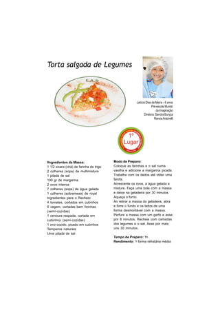 Torta salgada de Legumes



                                                       Letícia Dias de Meira – 6 anos
                                                                   Pré-escola Mundo
                                                                       da Imaginação
                                                             Diretora: Sandra Buryça
                                                                      Ramos Antonelli




IIngredientes da Massa:                  Modo de Preparo:
1 1/2 xicara (chá) de farinha de trigo   Coloque as farinhas e o sal numa
2 colheres (sopa) de multimistura        vasilha e adicione a margarina picada.
1 pitada de sal                          Trabalhe com os dedos até obter uma
100 gr de margarina                      farofa.
2 ovos inteiros                          Acrescente os ovos, a água gelada e
7 colheres (sopa) de água gelada         misture. Faça uma bola com a massa
1 colheres (sobremesa) de royal          e deixe na geladeira por 30 minutos.
Ingredientes para o Recheio:             Aqueça o forno.
4 tomates, cortados em cubinhos          Ao retirar a massa da geladeira, abra
5 vagem, cortadas bem fininhas           e forre o fundo e os lados de uma
(semi-cozidas)                           forma desmontável com a massa.
1 cenoura raspada, cortada em            Perfure a massa com um garfo e asse
cubinhos (semi-cozidas)                  por 8 minutos. Recheie com camadas
1 ovo cozido, picado em cubinhos         dos legumes e o sal. Asse por mais
Temperos naturais                        uns 30 minutos.
Uma pitada de sal
                                         Tempo de Preparo: 1h
                                         Rendimento: 1 forma refratária média
 