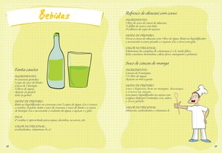 Refresco de abacaxi com couve
                                                                             INGREDIENTES:
                                                                             1 litro de suco de casca de abacaxi;
                                                                             ½ folha de couve com talo;
                                                                             4 colheres de sopa de açúcar.
                                                                             MODO DE PREPARO:
                                                                             Ferva a casca do abacaxi com 1 litro de água. Bata no liquidiﬁcador
                                                                             e acrescente a couve picada e o açúcar. Coe e sirva com gelo.
                                                                             VALOR NUTRICIONAL:
                                                                             Vitaminas do complexo B, vitaminas C e E, ácido fólico,
                                                                             beta-caroteno, bromelina, cálcio, ferro, manganês e potássio.

                                                                             Suco de cascas de manga
     Fanta caseira                                                           INGREDIENTES:
                                                                             Cascas de 5 mangas;
     INGREDIENTES:                                                           1 ½ litro de água;
     4 cenouras grandes;                                                     Açúcar ou mel a gosto.
     1 copo de suco de limão;
     Casca de 1 laranja;                                                     MODO DE PREPARO:
     3 litros de água;                                                       Lave e higienize bem as mangas, descasque
     Açúcar (a gosto);                                                       e reserve as cascas.
     Gelo (a gosto).                                                         Leve para o liquidiﬁcador as cascas com
                                                                             a água e bata por 2 minutos. Coe, adoce
     MODO DE PREPARO:                                                        e sirva gelado.
     Bata no liquidiﬁcador as cenouras com 2 copos de água. Coe e reserve
     o resíduo. À parte, bata o suco de cenoura, o suco de limão e a casca   VALOR NUTRICIONAL:
     de laranja. Coe e acrescente o restante da água, o açúcar e o gelo.     Minerais, carboidratos e vitamina A.
     DICA:
     O resíduo é aproveitado para sopas, docinhos, no arroz, etc.
     VALOR NUTRICIONAL:
     Carboidratos, vitaminas A e C.



18                                                                                                                                                 19
 