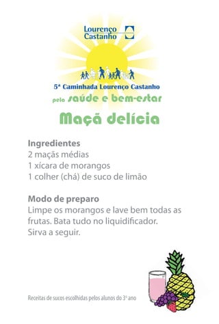 5ª Caminhada Lourenço Castanho
           pela   saúde e bem-estar
              Maçã delícia
Ingredientes
2 maçãs médias
1 xícara de morangos
1 colher (chá) de suco de limão

Modo de preparo
Limpe os morangos e lave bem todas as
frutas. Bata tudo no liquidificador.
Sirva a seguir.




Receitas de sucos escolhidas pelos alunos do 3o ano
 