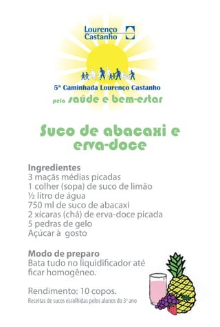 5ª Caminhada Lourenço Castanho
           pela   saúde e bem-estar

     Suco de abacaxi e
         erva-doce
Ingredientes
3 maçãs médias picadas
1 colher (sopa) de suco de limão
½ litro de água
750 ml de suco de abacaxi
2 xícaras (chá) de erva-doce picada
5 pedras de gelo
Açúcar à gosto

Modo de preparo
Bata tudo no liquidificador até
ficar homogêneo.

Rendimento: 10 copos.
Receitas de sucos escolhidas pelos alunos do 3o ano
 