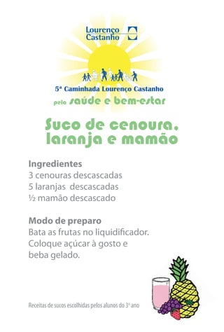 5ª Caminhada Lourenço Castanho
           pela   saúde e bem-estar

       Suco de cenoura,
       laranja e mamão
Ingredientes
3 cenouras descascadas
5 laranjas descascadas
½ mamão descascado

Modo de preparo
Bata as frutas no liquidificador.
Coloque açúcar à gosto e
beba gelado.




Receitas de sucos escolhidas pelos alunos do 3o ano
 