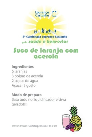 5ª Caminhada Lourenço Castanho
           pela   saúde e bem-estar
 Suco de laranja com
       acerola
Ingredientes
6 laranjas
3 polpas de acerola
2 copos de água
Açúcar à gosto

Modo de preparo
Bata tudo no liquidificador e sirva
gelado!!!!




Receitas de sucos escolhidas pelos alunos do 3o ano
 