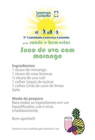 5ª Caminhada Lourenço Castanho
           pela   saúde e bem-estar
        Suco de uva com
           morango
Ingredientes
1 xícara de morango
1 xícara de uvas brancas
½ xícara de uva rubi
1 colher (sopa) de açúcar
1 colher (chá) de suco de limão
Gelo

Modo de preparo
Bata todos os ingredientes em um
liquidificador, coe e sirva
imediatamente.

Bom apetite!!!

Receitas de sucos escolhidas pelos alunos do 3o ano
 
