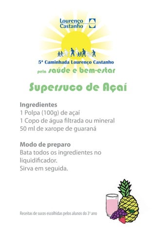 5ª Caminhada Lourenço Castanho
           pela   saúde e bem-estar

      Supersuco de Açaí
Ingredientes
1 Polpa (100g) de açaí
1 Copo de água filtrada ou mineral
50 ml de xarope de guaraná

Modo de preparo
Bata todos os ingredientes no
liquidificador.
Sirva em seguida.




Receitas de sucos escolhidas pelos alunos do 3o ano
 