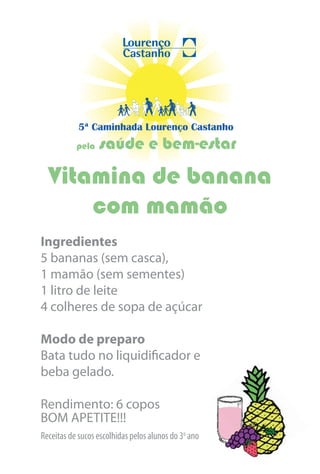 5ª Caminhada Lourenço Castanho
           pela   saúde e bem-estar

  Vitamina de banana
      com mamão
Ingredientes
5 bananas (sem casca),
1 mamão (sem sementes)
1 litro de leite
4 colheres de sopa de açúcar

Modo de preparo
Bata tudo no liquidificador e
beba gelado.

Rendimento: 6 copos
BOM APETITE!!!
Receitas de sucos escolhidas pelos alunos do 3o ano
 