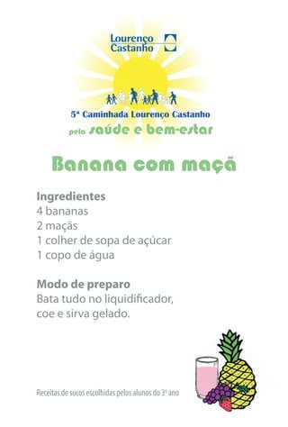 5ª Caminhada Lourenço Castanho
           pela   saúde e bem-estar

     Banana com maçã
Ingredientes
4 bananas
2 maçãs
1 colher de sopa de açúcar
1 copo de água

Modo de preparo
Bata tudo no liquidificador,
coe e sirva gelado.




Receitas de sucos escolhidas pelos alunos do 3o ano
 
