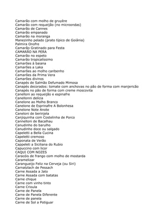 Camarão com molho de gruyère
Camarão com requeijão (no microondas)
Camarão de Cannes
Camarão empanado
Camarão na moranga
Manezinho pelado (prato típico de Goiânia)
Palmira Onofre
Camarão Gratinado para Festa
CAMARÃO NA PERA
Camarão no espeto
Camarão tropicalíssimo
Camarões à baiana
Camarões a Laka
Camarões ao molho caribenho
Camarões da Prima Vera
Camarões divinos
Canapés de Salmão Defumado Mimosa
Canapés decorados: tomate com anchovas no pão de forma com manjericão
Canapés no pão de forma com creme moscovita
Canelloni ao requeijão e espinafre
Canellonni delícia
Canelone ao Molho Branco
Canelone de Esprinafre A Bolonhesa
Canelone Note Anote
Caneloni de berinjela
Canjiquinha com Costelinha de Porco
Cannelloni de Bacalhau
Canudinho do barulho
Canudinho doce ou salgado
Capeletti a Bella Cucina
Capeletti cremoso
Caponata de Verão
Cappeleti a Siciliana do Rubio
Capuccino com licor
CAQUI COM NOZES
Caracóis de frango com molho de mostarda
Caramelizar
Carangueijo Feliz na Cerveja (ou Siri)
Carnatzlach de Pessach
Carne Assada a Jato
Carne Assada com batatas
Carne chique
Carne com vinho tinto
Carne Crioula
Carne de Panela
Carne de Panela Diferente
Carne de panela
Carne de Sol a Potiguar
 