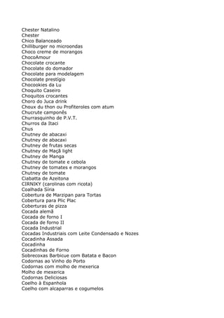 Chester Natalino
Chester
Chico Balanceado
Chilliburger no microondas
Choco creme de morangos
ChocoAmour
Chocolate crocante
Chocolate do domador
Chocolate para modelagem
Chocolate prestígio
Chocookies da Lu
Choquito Caseiro
Choquitos crocantes
Choro do Juca drink
Choux du thon ou Profiteroles com atum
Chucrute camponês
Churrasquinho de P.V.T.
Churros da Itaci
Chus
Chutney de abacaxi
Chutney de abacaxi
Chutney de frutas secas
Chutney de Maçã light
Chutney de Manga
Chutney de tomate e cebola
Chutney de tomates e morangos
Chutney de tomate
Ciabatta de Azeitona
CIRNIKY (carolinas com ricota)
Coalhada Síria
Cobertura de Marzipan para Tortas
Cobertura para Plic Plac
Coberturas de pizza
Cocada alemã
Cocada de forno I
Cocada de forno II
Cocada Industrial
Cocadas Industriais com Leite Condensado e Nozes
Cocadinha Assada
Cocadinha
Cocadinhas de Forno
Sobrecoxas Barbicue com Batata e Bacon
Codornas ao Vinho do Porto
Codornas com molho de mexerica
Molho de mexerica
Codornas Deliciosas
Coelho à Espanhola
Coelho com alcaparras e cogumelos
 
