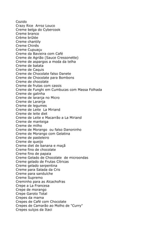 Cozido
Crazy Rice Arroz Louco
Creme belga do Cybercook
Creme branco
Crème brûlée
Creme chantily
Creme Chinês
Creme Cupuaçu
Creme da Bavieira com Café
Creme de Agrião (Sauce Cressonette)
Creme de aspargos a moda da telha
Creme de batata
Creme de Caquis
Creme de Chocolate falso Danete
Creme de Chocolate para Bombons
Creme de chocolate
Creme de frutas com cassis
Creme de Funghi em Cumbucas com Massa Folhada
Creme de galinha
Creme de laranja no Micro
Creme de Laranja
Creme de legumes
Creme de Leite La Miriand
Creme de leite diet
Creme de Leite e Macarrão a La Miriand
Creme de manteiga
Creme de milho
Creme de Morango ou falso Danoninho
Creme de Morango com Gelatina
Creme de pasteleiro
Creme de queijo
Creme diet de banana e maçã
Creme fino de chocolate
Creme fino de papaia
Creme Gelado de Chocolate de microondas
Creme gelado de Frutas Cítricas
Creme gelado serpentina
Creme para Salada da Cris
Creme para sanduíche
Creme Supremo
Creminho para as Alcachofras
Crepe a La Francesa
Crepe de morango
Crepe Garoto Total
Crepes da mama
Crepes de Café com Chocolate
Crepes de Camarão ao Molho de "Curry"
Crepes suíços da Itaci
 