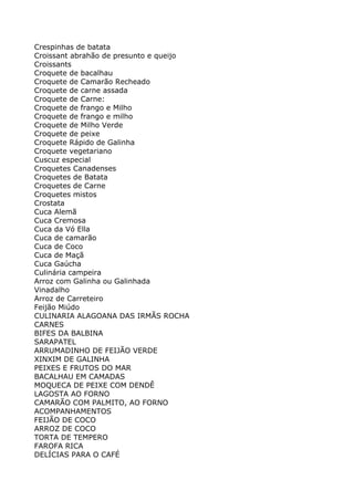 Crespinhas de batata
Croissant abrahão de presunto e queijo
Croissants
Croquete de bacalhau
Croquete de Camarão Recheado
Croquete de carne assada
Croquete de Carne:
Croquete de frango e Milho
Croquete de frango e milho
Croquete de Milho Verde
Croquete de peixe
Croquete Rápido de Galinha
Croquete vegetariano
Cuscuz especial
Croquetes Canadenses
Croquetes de Batata
Croquetes de Carne
Croquetes mistos
Crostata
Cuca Alemã
Cuca Cremosa
Cuca da Vó Ella
Cuca de camarão
Cuca de Coco
Cuca de Maçã
Cuca Gaúcha
Culinária campeira
Arroz com Galinha ou Galinhada
Vinadalho
Arroz de Carreteiro
Feijão Miúdo
CULINARIA ALAGOANA DAS IRMÃS ROCHA
CARNES
BIFES DA BALBINA
SARAPATEL
ARRUMADINHO DE FEIJÃO VERDE
XINXIM DE GALINHA
PEIXES E FRUTOS DO MAR
BACALHAU EM CAMADAS
MOQUECA DE PEIXE COM DENDÊ
LAGOSTA AO FORNO
CAMARÃO COM PALMITO, AO FORNO
ACOMPANHAMENTOS
FEIJÃO DE COCO
ARROZ DE COCO
TORTA DE TEMPERO
FAROFA RICA
DELÍCIAS PARA O CAFÉ
 