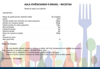 AULA VIVÊNCIANDO O BRASIL - RECEITAS
Pastel de pequi com palmito
Ingredientes:
Massa de pastel pronto redonda média 30 unidades
Azeite 30ml
Tomate picado sem semente em cubos pequenos 300gr
Palmito em conserva picado 400gr
Cebola picada em cubos pequenos 50gr
Alho amassado 5gr
Cebolinha picada 5gr
Salsinha picada 5gr
Pequi em conserva cortado 100gr
Sal
Pimenta do reino
Óleo para fritar 1L
Modo de Preparo
1. Em uma panela coloque o azeite e refogue a cebola, até ficar transparente em seguida acrescente o
alho, o palmito, o tomate e o pequi, não deixe formar água.
2. Finalize com a cebolinha e a salsinha picada, verifique o sal e tempere.
3. Espere o recheio esfriar e coloque na massa, feche com o garfo e frite no óleo quente.
Rendimento – 30 unidades
 