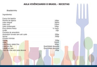 AULA VIVÊNCIANDO O BRASIL - RECEITAS
Brasileirinho
Ingredientes:
Cuscuz de tapioca
Farinha de tapioca 100gr
Leite integral 300ml
Leite coco 150ml
Leite condensado 100gr
Erva cidreira fresca ½ maço
Limão 10gr
Crocante de amendoim
Amendoim torrado sem sal e pele 200gr
Açúcar 200gr
Cocada cremosa
Açúcar 240gr
Água 500ml
Coco fresco ralado fino 400gr
Cravo em flor Quantidade desejada
Canela em pau Quantidade desejada
Coco em tiras seco para decorar 100gr
 