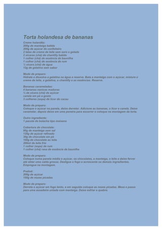 Torta holandesa de bananas
Creme holandês:
200g de manteiga batida
200g de açúcar de confeiteiro
2 latas de creme de leite sem soro e gelada
2 xícaras (chá) de chantilly batido
1 colher (chá) de essência de baunilha
1 colher (chá) de essência de rum
¼ xícara (chá) de água
12g de gelatina sem sabor

Modo de preparo:
Hidrate e dissolva a gelatina na água e reserve. Bata a manteiga com o açúcar, misture o
creme de leite, a gelatina, o chantilly e as essências. Reserve.

Bananas carameladas:
4 bananas nanicas maduras
¾ de xícara (chá) de açúcar
canela em pó a gosto
3 colheres (sopa) de licor de cacau

Modo de preparo:
Coloque o açúcar na panela, deixe derreter. Adicione as bananas, o licor e canela. Deixe
caramelar, depois deixe em uma peneira para escorrer e coloque na montagem da torta.

Outro ingrediente:
1 pacote de bolacha tipo maisena

Cobertura de chocolate:
80g de manteiga sem sal
120g de açúcar refinado
30g de chocolate em pó
100g de chocolate ao leite
200ml de leite frio
1 colher (sopa) de rum
1 colher (chá) rasa de essência de baunilha

Modo de preparo:
Coloque numa panela média o açúcar, os chocolates, a manteiga, o leite e deixe ferver
até obter uma calda grossa. Desligue o fogo e acrescente os demais ingredientes.
Empregue na montagem.

Pralinê:
200g de açúcar
150g de nozes picadas

Modo de preparo:
Derreta o açúcar em fogo lento, e em seguida coloque as nozes picadas. Mexa e passe
para uma assadeira untada com manteiga. Deixe esfriar e quebre.
 