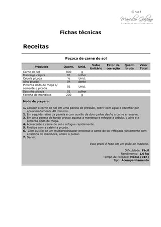 Fichas técnicas
Receitas
Paçoca de carne de sol
Produtos Quant. Unid.
Valor
Unitário
Fator de
correção
Quant.
bruta
Valor
Total
Carne de sol 800 g
Manteiga caipira 01 colher
Cebola picada ½ Unid.
Alho picado 04 dente
Pimenta dedo de moça s/
semente e picada
01 Unid.
Salsinha picada 01 colher
Farinha de mandioca 200 g
Modo de preparo:
1. Colocar a carne de sol em uma panela de pressão, cobrir com água e cozinhar por
aproximadamente 40 minutos.
2. Em seguida retire da panela e com auxilio de dois garfos desfie a carne e reserve.
3. Em uma panela de fundo grosso aqueça a manteiga e refogue a cebola, o alho e a
pimenta dedo de moça.
4. Acrescente a carne de sol e refogue rapidamente.
5. Finalize com a salsinha picada.
6. Com auxilio de um multiprocessador processe a carne de sol refogada juntamente com
a farinha de mandioca, utilize o pulsar.
7. Servir.
Esse prato é feito em um pilão de madeira.
Dificuldade: Fácil
Rendimento: 1,0 kg
Tempo de Preparo: Médio (01h)
Tipo: Acompanhamento
 