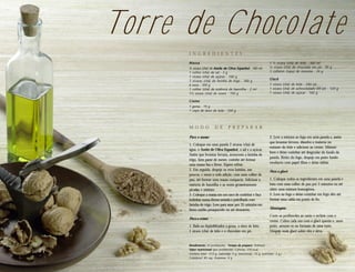 Torre de Chocolate
      I N G R E D I E N T E S

      Massa                                                           1 ½ xícara (chá) de leite . 360 ml
      ¾ xícara (chá) de Azeite de Oliva Espanhol . 180 ml             ½ xícara (chá) de chocolate em pó . 50 g
      1 colher (chá) de sal . 3 g                                     3 colheres (sopa) de maisena . 24 g
      1 xícara (chá) de açúcar . 160 g
                                                                      Glacê
      3 xícaras (chá) de farinha de trigo . 360 g
      6 ovos . 300 g                                                  1 xícara (chá) de leite . 240 ml
      1 colher (chá) de essência de baunilha . 2 ml                   1 xícara (chá) de achocolatado em pó . 120 g
      1½ xícara (chá) de nozes . 150 g                                1 xícara (chá) de açúcar . 160 g

      Creme
      1 gema . 15 g
      1 copo de doce de leite . 330 g




      M O D O             D E        P R E PA R A R

      Para a massa:                                                   2. Leve a mistura ao fogo em uma panela e, assim
                                                                      que levantar fervura, dissolva a maisena no
      1. Coloque em uma panela 2 xícaras (chá) de
                                                                      restante do leite e adicione ao creme. Misture
      água, o Azeite de Oliva Espanhol, o sal e o açúcar.
                                                                      bem e deixe cozinhar até desgrudar do fundo da
      Assim que levantar fervura, acrescente a farinha de
                                                                      panela. Retire do fogo, despeje em prato fundo
      trigo. Sem parar de mexer, cozinhe até formar
                                                                      recoberto com papel filme e deixe esfriar.
      uma massa lisa e firme. Espere esfriar.
      2. Em seguida, despeje os ovos batidos, aos                     Para o glacê:
      poucos, e mexa a cada adição, com uma colher de
      pau, até formar uma massa compacta. Adicione a                  1. Coloque todos os ingredientes em uma panela e
      essência de baunilha e as nozes grosseiramente                  bata com uma colher de pau por 5 minutos ou até
      picadas e misture.                                              obter uma mistura homogênea.
      3. Coloque a massa em um saco de confeitar e faça               2. Leve ao fogo e deixe cozinhar em fogo alto até
      bolinhas numa fôrma untada e polvilhada com                     formar uma calda em ponto de fio.
      farinha de trigo. Leve para assar por 35 minutos em
      forno médio preaquecido ou até dourarem.                        Montagem:

                                                                      Corte os profiteroles ao meio e recheie com o
      Para o creme:
                                                                      creme. Cubra cada um com o glacê quente e, num
      1. Bata no liqüidificador a gema, o doce de leite,              prato, arrume-os no formato de uma torre.
      1 xícara (chá) de leite e o chocolate em pó.                    Despeje mais glacê sobre eles e sirva.


      Rendimento: 20 profiteroles . Tempo de preparo: 1h40min
      Valor nutricional (por profiterole): Calorias: 370 kcal,
      Gordura total: 17,5 g, (saturada: 4 g, monoinsat.: 10 g, poliinsat.: 2 g,)
      Colesterol: 85 mg, Proteínas: 9 g
 