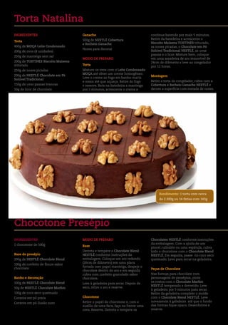 torta natalina
IngredIentes                        ganache                                   continue batendo por mais 5 minutos.
                                    500g de nestLÉ Cobertura                  Retire da batedeira e acrescente o
torta
                                    e recheio ganache                         Biscoito Maisena tOstInes triturado,
400g de MOÇA Leite Condensado                                                 as nozes picadas, o Chocolate em Pó
                                    Nozes para decorar
200g de ovos (4 unidades)                                                     solúvel tradicional nestLÉ, as uvas
                                                                              passas e o licor. Misture bem, coloque
250g de manteiga sem sal
                                    MOdO de PrePArO                           em uma assadeira de aro removível de
200g de tOstInes Biscoito Maisena                                             24cm de diâmetro e leve ao congelador
triturado                           torta
                                                                              por 12 horas.
250g de nozes picadas               Misture os ovos com o Leite Condensado
                                    MOÇA até obter um creme homogêneo.
200g de nestLÉ Chocolate em Pó                                                Montagem
                                    Leve o creme ao fogo em banho-maria
solúvel tradicional
                                    e mexa até que aqueça. Retire do fogo     Retire a torta do congelador, cubra com a
150g de uvas passas brancas         e reserve. Bata na batedeira a manteiga   Cobertura e recheio ganache nestLÉ e
50g de licor de chocolate           por 5 minutos, acrescente o creme e       decore a superfície com metade de nozes.




                                                                                   rendimento: 1 torta com cerca
                                                                                   de 2.300g ou 16 fatias com 143g




Chocotone Presépio
IngredIentes                        MOdO de PrePArO                           Chocolates nestLÉ conforme instruções
1 chocotone de 500g                                                           da embalagem. Com a ajuda de um
                                    Base
                                                                              pincel culinário ou uma espátula, cubra
                                    Derreta e tempere o Chocolate Blend       todo o chocotone com o Chocolate Blend
Base do presépio                    nestLÉ conforme instruções da             nestLÉ. Em seguida, passe no coco seco
200g de nestLÉ Chocolate Blend      embalagem. Coloque um aro redondo         queimado. Leve para secar na geladeira.
                                    (20cm de diâmetro) em uma placa
100g de confeito de flocos sabor
                                    forrada com papel manteiga, despeje o
chocolate                                                                     Peças de Chocolate
                                    chocolate dentro do aro e em seguida
                                    cubra com confeito granulado sabor        Nas formas para chocolate com
Banho e decoração                   chocolate.                                personagens de presépios, pinte
500g de nestLÉ Chocolate Blend                                                os rostos com o Chocolate Marfim
                                    Leve à geladeira para secar. Depois de
                                                                              nestLÉ temperado e derretido. Leve
50g de nestLÉ Chocolate Marfim      seco, retire o aro e reserve.
                                                                              à geladeira por 5 minutos para secar.
100g de coco seco queimado                                                    Retire da geladeira complete o molde
Corante em pó prata                 Chocotone                                 com o Chocolate Blend nestLÉ. Leve
                                    Retire o papel do chocotone e, com o      novamente à geladeira até que o fundo
Corante em pó ilusão ouro
                                    auxílio de uma faca, faça na frente uma   das formas fique opaco. Desenforme e
                                    cova. Reserve. Derreta e tempere os       reserve.
 