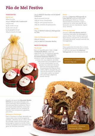 Pão de Mel Festivo
IngredIentes                               36g de nestLÉ Chocolate em Pó solúvel      Banho
                                           tradicional                                Derreta a Cobertura Hidrogenada ao
Pão de mel
                                           30g de fermento em pó                      Leite nestLÉ conforme instruções
400ml de leite
                                           100g de frutas cristalizadas               da embalagem. Retire as formas
400g de MOÇA Leite Condensado                                                         descartáveis de panetone e jogue a
                                           100g de uvas passas brancas
145g de mel                                                                           cobertura no centro dos pães de mel,
                                           100g de castanha-do-pará picada            deixando escorrer nas laterais. Espere
5g de canela em pó
                                                                                      secar. Reserve.
2g de cravo em pó
                                           Banho
2g de gengibre em pó
                                           500g de nestLÉ Cobertura Hidrogenada       Pasta de chocolate
360g de farinha de trigo                   ao Leite                                   Derreta o Chocolate Marfim nestLÉ
                                                                                      conforme instruções da embalagem e
                                                                                      espere esfriar. Sove o fondant para que
                                           Pasta de Chocolate para a decoração        fique macio e, aos poucos, acrescente o
                                           400g de fondant                            chocolate derretido, sempre sovando até
                                           200g de nestLÉ Chocolate Marfim            homogeneizar.


                                           MOdO de PrePArO                            decoração
                                                                                      Com a pasta de chocolate, faça o rostos
                                           Pão de mel
                                                                                      de Papai Noel, árvores de Natal ou sinos
                                           Bata no liquidificador o leite, o Leite    e cole com um pouco de Cobertura
                                           Condensado MOÇA, o mel e as                Hidrogenada em cima dos pães de mel.
                                           especiarias. Em um recipiente grande,
                                           peneire a farinha, o Chocolate em
                                           Pó solúvel tradicional nestLÉ e o
                                           fermento. Junte os ingredientes batidos
                                             e mexa com uma espátula até obter          rendimento: 13 unidades com
                                                uma massa lisa e homogênea. Junte       cerca de 150g cada
                                                  as frutas cristalizadas, as uvas
                                                   passas e as castanhas-do-pará.
                                                    Asse em formas descartáveis
                                                    de panetones de 100g em forno
                                                    médio (180ºC), preaquecido, por
                                                     cerca de 30 minutos ou até que
                                                     colocando o palito na massa
                                                    este saia limpo. Depois de
                                                    assado reserve.




Espalhe um pouco de Chocolate Marfim
nestLÉ em uma placa forrada com
papel manteiga, leve à geladeira por 2
minutos para secar levemente. Com o
chocolate ainda maleável, corte uma
estrela cadente com um cortador de
biscoito. Leve novamente à geladeira
para secar.
Montagem e finalização
Cole o chocotone na base, deixando um
espaço para colar os personagens do
presépio. Distribua-os em volta e dentro
da cavidade. Passe o pó dourado nos
personagens e prata na estrela. Cole a
estrela na superfície do chocotone com
gotas de chocolate derretido.                                                                  rendimento: 1 chocotone
                                                                                               com cerca de 1.450g
 