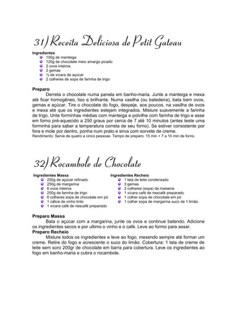 31) Receita Deliciosa de Petit Gateau
Ingredientes
       100g de manteiga
       120g de chocolate meio amargo picado
       2 ovos inteiros
       2 gemas
       ¼ de xícara de açúcar
       2 colheres de sopa de farinha de trigo

Preparo
       Derreta o chocolate numa panela em banho-maria. Junte a manteiga e mexa
até ficar homogêneo, liso e brilhante. Numa vasilha (ou batedeira), bata bem ovos,
gemas e açúcar. Tire o chocolate do fogo, despeje, aos poucos, na vasilha de ovos
e mexa até que os ingredientes estejam integrados. Misture suavemente a farinha
de trigo. Unte forminhas médias com manteiga e polvilhe com farinha de trigo e asse
em forno pré-aquecido a 250 graus por cerca de 7 até 10 minutos (antes teste uma
forminha para saber a temperatura correta de seu forno). Se estiver consistente por
fora e mole por dentro, ponha num prato e sirva com sorvete de creme.
Rendimento: Serve de quatro a cinco pessoas. Tempo de preparo: 15 min + 7 a 10 min de forno.




32) Rocambole de Chocolate
Ingredientes Massa                        Ingredientes Recheio
       250g de açúcar refinado                   1 lata de leite condensado
       250g de margarina                         3 gemas
       6 ovos inteiros                           2 colheres (sopa) de maisena
       250g de farinha de trigo                  1 xícara café de nescafé preparado
       6 colheres sopa de chocolate em pó        1 colher sopa de chocolate em pó
       1 cálice de vinho tinto                   1 colher sopa de margarina suco de 1 limão
       1 xícara café de nescafé preparado

Preparo Massa
        Bata o açúcar com a margarina, junte os ovos e continue batendo. Adicione
os ingredientes secos e por ultimo o vinho e o café. Leve ao formo para assar.
Preparo Recheio
        Misture todos os ingredientes e leve ao fogo, mexendo sempre até formar um
creme. Retire do fogo e acrescente o suco do limão. Cobertura: 1 lata de creme de
leite sem soro 200gr de chocolate em barra para cobertura. Leve os ingredientes ao
fogo em banho-maria e cubra o rocambole.
 