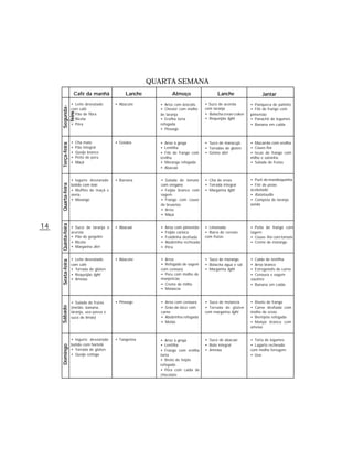 QUARTA SEMANA
                        Café da manhã           Lanche             Almoço                   Lanche                  Jantar
                    • Leite desnatado      • Abacate        • Arroz com brócolis     • Suco de acerola        • Panqueca de palmito
     Segunda-




                    com café                                • Chester com molho      com laranja              • Filé de frango com
       feira




                    • Pão de fibra                          de laranja               • Bolacha crean craker   pimentão
                    • Ricota                                • Ervilha torta          • Requeijão light        • Panaché de legumes
                    • Pêra                                  refogada                                          • Banana em calda
                                                            • Pêssego


                    •   Chá mate           • Goiaba         • Arroz à grega          • Suco de maracujá       • Macarrão com ervilha
     Terça-feira




                    •   Pão integral                        • Lentilha               • Torradas de glúten     • Couve-flor
                    •   Queijo branco                       • Filé de frango com     • Geléia diet            • Iscas de frango com
                    •   Peito de peru                       ervilha                                           milho e salsinha
                    •   Maçã                                • Moranga refogada                                • Salada de frutas
                                                            • Abacaxi


                    • Iogurte desnatado    • Banana         • Salada de tomate       • Chá de ervas           • Purê de mandioquinha
                    batido com kiwi                         com orégano              • Torrada integral       • Filé de peixe
     Quarta-feira




                    • Muffins de maçã e                     • Feijão branco com      • Margarina light        acebolado
                    aveia                                   vagem                                             • Ratatouille
                    • Morango                               • Frango com couve                                • Compota de laranja
                                                            de bruxelas                                       azeda
                                                            • Arroz
                                                            • Maçã


14
     Quinta-feira




                    • Suco de laranja e    • Abacaxi        •   Arroz com pimentão   • Limonada               • Peito de frango com
                    acerola                                 •   Feijão carioca       • Barra de cereais       vagem
                    • Pão de gergelim                       •   Fraldinha desfiada   com frutas               • Couve- flor com tomate
                    • Ricota                                •   Abobrinha recheada                            • Creme de morango
                    • Margarina diet                        •   Pêra


                    • Leite desnatado      • Abacate        • Arroz                  • Suco de morango        • Caldo de lentilha
     Sexta-feira




                    com café                                • Refogado de vagem      • Bolacha água e sal     • Arroz branco
                    • Torrada de glúten                     com cenoura              • Margarina light        • Estrogonofe de carne
                    • Requeijão light                       • Peru com molho de                               • Cenoura e vagem
                    • Ameixa                                manjericão                                        sautées
                                                            • Creme de milho                                  • Banana em calda
                                                            • Melancia


                    • Salada de frutas     • Pêssego        • Arroz com cenoura      • Suco de melancia       • Risoto de frango
     Sábado




                    (melão, banana,                         • Grão-de-bico com       • Torrada de glúten      • Carne desfiada com
                    laranja, uva passa e                    carne                    com margarina light      molho de ervas
                    suco de limão)                          • Abobrinha refogada                              • Berinjela refogada
                                                            • Melão                                           • Manjar branco com
                                                                                                              ameixa


                    • Iogurte desnatado    • Tangerina      • Arroz à grega          • Suco de abacaxi        • Torta de legumes
                    batido com hortelã                      • Lentilha               • Bolo integral          • Lagarto recheado
     Domingo




                    • Torrada de glúten                     • Frango com ervilha     • Ameixa                 com molho ferrugem
                    • Queijo cottage                        torta                                             • Uva
                                                            • Broto de feijão
                                                            refogado
                                                            • Pêra com calda de
                                                            chocolate
 