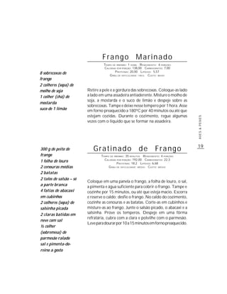 Frango Marinado
                                  TEMPO DE PREPARO : 1 HORA R ENDIMENTO: 6 PORÇÕES
                                  CALORIAS POR PORÇÃO: 138,00 CARBOIDRATOS: 7,00
                                          P ROTEÍNAS: 20,00 LIPÍDIOS: 5,57
8 sobrecoxas de                       G RAU DE DIFICULDADE: FÁCIL CUSTO: BAIXO
frango
2 colheres (sopa) de
molho de soja            Retire a pele e a gordura das sobrecoxas. Coloque-as lado
1 colher (chá) de        a lado em uma assadeira antiaderente. Misture o molho de
                         soja, a mostarda e o suco de limão e despeje sobre as
mostarda
                         sobrecoxas. Tampe e deixe nesse tempero por 1 hora. Asse
suco de 1 limão          em forno preaquecido a 180ºC por 40 minutos ou até que
                         estejam cozidas. Durante o cozimento, regue algumas




                                                                                        AVES & PEIXES
                         vezes com o líquido que se formar na assadeira.




                                                                                        19
300 g de peito de           Gratinado                       de         Frango
frango                           TEMPO DE PREPARO : 35 MINUTOS R ENDIMENTO: 4 PORÇÕES
                                   CALORIAS POR PORÇÃO: 192,00 CARBOIDRATOS: 22,3
1 folha de louro                            P ROTEÍNAS: 18,2 LIPÍDIOS: 6,68
2 cenouras médias                     G RAU DE DIFICULDADE: MÉDIO CUSTO: MÉDIO

2 batatas
2 talos de salsão – só
                         Coloque em uma panela o frango, a folha de louro, o sal,
a parte branca           a pimenta e água suficiente para cobrir o frango. Tampe e
4 fatias de abacaxi      cozinhe por 15 minutos, ou até que esteja macio. Escorra
em cubinhos              e reserve o caldo; desfie o frango. No caldo do cozimento,
2 colheres (sopa) de     cozinhe as cenouras e as batatas. Corte-as em cubinhos e
salsinha picada          misture-as ao frango. Junte o salsão picado, o abacaxi e a
2 claras batidas em      salsinha. Prove os temperos. Despeje em uma fôrma
                         refratária, cubra com a clara e polvilhe com o parmesão.
neve com sal
                         Leve para dourar por 10 a 15 minutos em forno preaquecido.
½ colher
(sobremesa) de
parmesão ralado
sal e pimenta-do-
reino a gosto
 