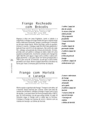 Frango Recheado
                          com Brócolis                                         1 colher ( sopa) de
                       TEMPO DE PREPARO : 55 MINUTOS R ENDIMENTO: 6 PORÇÕES
                                                                               óleo de canola
                         CALORIAS POR PORÇÃO: 361,16 CARBOIDRATOS: 4,50        ½ xícara (chá) de
                                 P ROTEÍNAS: 38,27 LIPÍDIOS: 18,95
                            G RAU DE DIFICULDADE: MÉDIO CUSTO: MÉDIO           cebola picada
                                                                               150 g cogumelo
                Aqueça o óleo em uma frigideira. Junte a cebola e o            picadinho
                cogumelo e refogue em fogo médio até que a cebola esteja       1 maço de brócolis
                macia. Adicione o brócolis, tampe e cozinhe por 5 minutos
                ou até que esteja macio. Retire do fogo, junte os queijos,     limpo
                misture e reserve. Coloque cada filé entre dois plásticos e    2 colher (sopa) de
                bata até ficar com 0,5 cm de espessura. No centro de cada      parmesão ralado
                filé, coloque uma porção da mistura de brócolis. Enrole,
                                                                               2 colheres (sopa) de
                prenda com um palito e coloque-os lado a lado em uma
                assadeira antiaderente, levemente untada com margarina         ricota
                light. Borrife com água e regue com o vinho e cubra com        6 filés de peito de
                papel-alumínio. Leve para assar em forno preaquecido a         frango
26              190ºC por cerca de 15 minutos, ou até que a carne tenha
                perdido a cor rósea. Retire o papel-alumínio e de deixe no     2 colheres (sopa) de
                forno por mais 5 minutos para terminar de dourar.              vinho branco light
AVES & PEIXES




                    Frango com Hortelã
                         e Laranja                                             2 coxas e sobrecoxas
                                                                               de frango
                        TEMPO DE PREPARO : 35 MINUTOS R ENDIMENTO: 2 PORÇÕES
                          CALORIAS POR PORÇÃO: 222,00 CARBOIDRATOS: 3,30       1 dente de alho
                                  P ROTEÍNAS: 28,80 LIPÍDIOS: 10,40
                             G RAU DE DIFICULDADE: FÁCIL CUSTO: MÉDIO          amassado
                                                                               sal a gosto
                Retire a pele e a gordura do frango. Tempere com alho, sal     2 colheres (sopa) de
                e hortelã. Deixe marinar por 2 horas. Unte com óleo de         hortelã
                canola um refratário, coloque o frango e regue com o suco
                de laranja. Leve para assar em forno preaquecido a 180ºC       1 xícara (chá) de
                por 35 a 40 minutos, ou até que esteja cozido. A cada 10       suco de laranja
                minutos regue o frango com o caldo que se formou.              1 laranja em
                Coloque o frango na travessa de servir e decore com as
                                                                               rodelas
                rodelas de laranja e as folhas de hortelã.
                                                                               e folhas de hortelã
 
