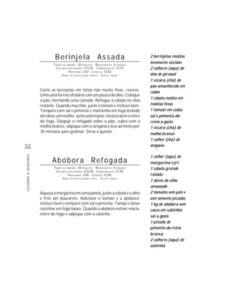 Berinjela                     Assada                  2 berinjelas médias
                             TEMPO DE PREPARO : 30 MINUTOS R ENDIMENTO: 4 PORÇÕES
                                                                                    levemente cozidas
                              CALORIAS POR PORÇÃO: 151,03 CARBOIDRATOS: 13,16       2 colheres (sopa) de
                                       P ROTEÍNAS: 2,07 LIPÍDIOS: 12,83
                                  G RAU DE DIFICULDADE: MÉDIO CUSTO: BAIXO          óleo de girassol
                                                                                    1 xícara (chá) de
                                                                                    pão amanhecido em
                     Corte as berinjelas em fatias não muito finas; reserve.        cubos
                     Unte unta forma refratária com um pouco do óleo. Coloque
                                                                                    1 cebola média em
                     o pão, formando uma camada. Refogue a cebola no óleo
                     restante. Quando murchar, junte o tomate e misture bem.        rodelas finas
                     Tempere com sal e pimenta e mantenha em fogo brando            1 tomate em cubos
                     até obter um molho. Junte a berinjela, misture bem e retire    sal e pimenta-do-
                     do fogo. Despeje o refogado sobre o pão, cubra com o           reino a gosto
                     molho branco, salpique com o orégano e leve ao forno por       1 xícara (chá) de
                     30 minutos para gratinar. Sirva-a quente.
                                                                                    molho branco
                                                                                    1 colher (chá) de
52                                                                                  orégano

                                                                                    1 colher (sopa) de
LEGUMES & VERDURAS




                            Abóbora Refogada                                        margarina light
                             TEMPO DE PREPARO : 30 MINUTOS R ENDIMENTO: 4 PORÇÕES   1 cebola grande
                              CALORIAS POR PORÇÃO: 232,00 CARBOIDRATOS: 31,00
                                       P ROTEÍNAS: 3,00 LIPÍDIOS: 12,00             ralada
                                   G RAU DE DIFICULDADE: FÁCIL CUSTO: BAIXO
                                                                                    1 dente de alho
                                                                                    amassado
                     Aqueça a margarina em uma panela, junte a cebola e o alho      2 tomates sem pele e
                     e frite até dourarem. Adicione o tomate e a abóbora;           sem semente picados
                     misture bem e tempere com sal e pimenta. Tampe e deixe         1 kg de abóbora sem
                     cozinhar em fogo baixo. Quando a abóbora estiver macia,        casca em cubinhos
                     retire do fogo e salpique com a salsinha .
                                                                                    sal a gosto
                                                                                    1 pitada de
                                                                                    pimenta-do-reino
                                                                                    branca
                                                                                    2 colheres (sopa) de
                                                                                    salsinha
 