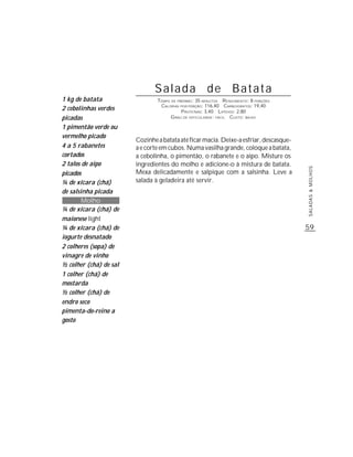 Salada de Batata
1 kg de batata                  TEMPO DE PREPARO : 35 MINUTOS R ENDIMENTO: 8 PORÇÕES
                                 CALORIAS POR PORÇÃO: 116,40 CARBOIDRATOS: 19,40
2 cebolinhas verdes                        P ROTEÍNAS: 3,40 LIPÍDIOS: 2,80
picadas                               G RAU DE DIFICULDADE: FÁCIL CUSTO: BAIXO

1 pimentão verde ou
vermelho picado
                        Cozinhe a batata até ficar macia. Deixe-a esfriar, descasque-
4 a 5 rabanetes         a e corte em cubos. Numa vasilha grande, coloque a batata,
cortados                a cebolinha, o pimentão, o rabanete e o aipo. Misture os
2 talos de aipo         ingredientes do molho e adicione-o à mistura de batata.




                                                                                        SALADAS & MOLHOS
picados                 Mexa delicadamente e salpique com a salsinha. Leve a
¼ de xícara (chá)       salada à geladeira até servir.
de salsinha picada
        Molho
¼ de xícara (chá) de
maionese light
¼ de xícara (chá) de                                                                    59
iogurte desnatado
2 colheres (sopa) de
vinagre de vinho
½ colher (chá) de sal
1 colher (chá) de
mostarda
½ colher (chá) de
endro seco
pimenta-do-reino a
gosto
 