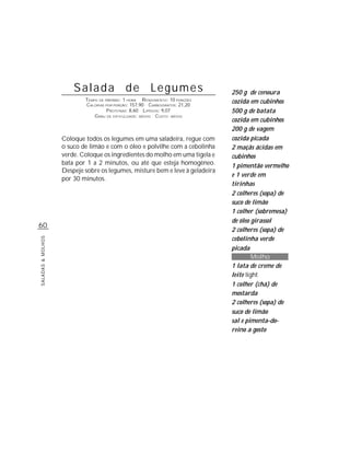 Salada de Legumes                                       250 g de cenoura
                           TEMPO DE PREPARO : 1 HORA R ENDIMENTO: 10 PORÇÕES   cozida em cubinhos
                           CALORIAS POR PORÇÃO: 157,90 CARBOIDRATOS: 21,20
                                     P ROTEÍNAS: 8,60 LIPÍDIOS: 9,07           500 g de batata
                               G RAU DE DIFICULDADE: MÉDIO CUSTO: MÉDIO
                                                                               cozida em cubinhos
                                                                               200 g de vagem
                   Coloque todos os legumes em uma saladeira, regue com        cozida picada
                   o suco de limão e com o óleo e polvilhe com a cebolinha     2 maçãs ácidas em
                   verde. Coloque os ingredientes do molho em uma tigela e     cubinhos
                   bata por 1 a 2 minutos, ou até que esteja homogêneo.        1 pimentão vermelho
                   Despeje sobre os legumes, misture bem e leve à geladeira
                                                                               e 1 verde em
                   por 30 minutos.
                                                                               tirinhas
                                                                               2 colheres (sopa) de
                                                                               suco de limão
                                                                               1 colher (sobremesa)
                                                                               de óleo girassol
60
                                                                               2 colheres (sopa) de
                                                                               cebolinha verde
SALADAS & MOLHOS




                                                                               picada
                                                                                        Molho
                                                                               1 lata de creme de
                                                                               leite light
                                                                               1 colher (chá) de
                                                                               mostarda
                                                                               2 colheres (sopa) de
                                                                               suco de limão
                                                                               sal e pimenta-do-
                                                                               reino a gosto
 