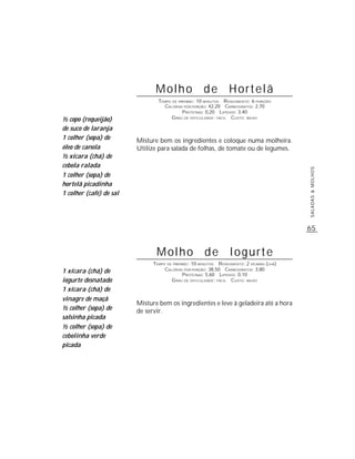 Molho de Hortelã
                                 TEMPO DE PREPARO : 10 MINUTOS R ENDIMENTO: 6 PORÇÕES
                                   CALORIAS POR PORÇÃO: 42,20 CARBOIDRATOS: 2,70
                                            P ROTEÍNAS: 0,20 LIPÍDIOS: 3,40
½ copo (requeijão)                     G RAU DE DIFICULDADE: FÁCIL CUSTO: BAIXO

de suco de laranja
1 colher (sopa) de       Misture bem os ingredientes e coloque numa molheira.
óleo de canola           Utilize para salada de folhas, de tomate ou de legumes.
½ xícara (chá) de
cebola ralada




                                                                                            SALADAS & MOLHOS
1 colher (sopa) de
hortelã picadinha
1 colher (café) de sal




                                                                                            65


                                Molho de Iogurte
                               TEMPO DE PREPARO : 10 MINUTOS R ENDIMENTO: 2 XÍCARAS (CHÁ)
1 xícara (chá) de                   CALORIAS POR PORÇÃO: 38,50 CARBOIDRATOS: 3,80
                                             P ROTEÍNAS: 5,60 LIPÍDIOS: 0,10
iogurte desnatado                      G RAU DE DIFICULDADE: FÁCIL CUSTO: BAIXO

1 xícara (chá) de
vinagre de maçã
                         Misture bem os ingredientes e leve à geladeira até a hora
½ colher (sopa) de       de servir.
salsinha picada
½ colher (sopa) de
cebolinha verde
picada
 