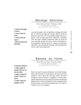 Morango Delicioso
                                TEMPO DE PREPARO : 15 MINUTOS R ENDIMENTO: 5 PORÇÕES
                                 CALORIAS POR PORÇÃO: 315,47 CARBOIDRATOS: 74,98
                                           P ROTEÍNAS: 4,54 LIPÍDIOS: 0,37
                                     G RAU DE DIFICULDADE: MÉDIO CUSTO: MÉDIO

1 caixa de morango
4 claras




                                                                                       SOBREMESAS, TORTAS & BOLOS
                        Lave os morangos, retire os cabinhos e coloque de molho
1 xícara (chá) de       por 15 minutos em água com vinagre. Bata as claras em
Karo                    ponto de neve firme. Em uma panela coloque o Karo e o
1 xícara (chá) de       açúcar e leve ao fogo para ferver. Adicione a baunilha,
açúcar                  retire do fogo e despeje lentamente sobre as claras em
1 gota de essência de   neve, batendo sempre até esfriar. Retire da batedeira e
baunilha                leve à geladeira. Na hora de servir, coloque, em taças para
                        sobremesa, uma camada de morango, uma da mistura de
                        claras e assim alternadamente.


                                                                                       69



                               Banana ao Forno
                                TEMPO DE PREPARO : 25 MINUTOS R ENDIMENTO: 6 PORÇÕES
                                 CALORIAS POR PORÇÃO: 115,47 CARBOIDRATOS: 20,42
                                           P ROTEÍNAS: 0,59 LIPÍDIOS: 4,30
                                     G RAU DE DIFICULDADE: MÉDIO CUSTO: BAIXO
6 bananas maduras
1 colher (sopa) de
margarina light ou
óleo de milho           Retire uma parte da casca da banana, no sentido longitu-
2 colheres (sopa) de    dinal, com cerca de 2,5 cm de largura. Arrume-as em uma
frutose, açúcar ou      assadeira, com a parte da casca para baixo. Derreta a
                        margarina, junte a frutose e o gengibre e misture bem.
stevia
                        Separe ligeiramente a casca e pincele as partes expostas das
½ colher (sopa) de      bananas com a mistura, deixando escorrer um pouco para
gengibre em pó          dentro da casca. Leve ao forno preaquecido a 175ºC por 15
                        minutos. Sirva-a em seguida.
 