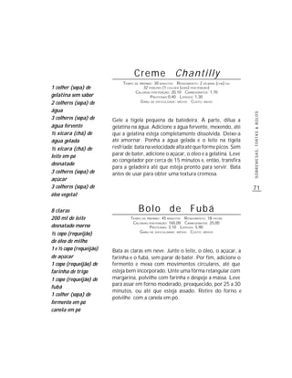 Creme Chantilly
                              TEMPO DE PREPARO : 30 MINUTOS R ENDIMENTO: 2 XÍCARAS (CHÁ) OU
1 colher (sopa) de                       32 PORÇÕES (1 COLHER (SOPA) POR PORÇÃO)
                                    CALORIAS POR PORÇÃO: 20,10 CARBOIDRATOS: 1,70
gelatina sem sabor                            P ROTEÍNAS:0,40 LIPÍDIOS: 1,30
2 colheres (sopa) de                    G RAU DE DIFICULDADE: MÉDIO CUSTO: BAIXO

água




                                                                                              SOBREMESAS, TORTAS & BOLOS
3 colheres (sopa) de     Gele a tigela pequena da batedeira. À parte, dilua a
água fervente            gelatina na água. Adicione a água fervente, mexendo, até
½ xícara (chá) de        que a gelatina esteja completamente dissolvida. Deixe-a
água gelada              até amornar. Ponha a água gelada e o leite na tigela
½ xícara (chá) de        resfriada; bata na velocidade alta até que forme picos. Sem
leite em pó              parar de bater, adicione o açúcar, o óleo e a gelatina. Leve
                         ao congelador por cerca de 15 minutos e, então, transfira
desnatado
                         para a geladeira até que esteja pronto para servir. Bata
3 colheres (sopa) de     antes de usar para obter uma textura cremosa.
açúcar
3 colheres (sopa) de                                                                          71
óleo vegetal

8 claras                              Bolo de Fubá
200 ml de leite                   TEMPO DE PREPARO : 45 MINUTOS R ENDIMENTO: 18 FATIAS
                                   CALORIAS POR PORÇÃO: 165,00 CARBOIDRATOS: 25,00
desnatado morno                              P ROTEÍNAS: 3,10 LIPÍDIOS: 5,90
                                       G RAU DE DIFICULDADE: MÉDIO CUSTO: MÉDIO
½ copo (requeijão)
de óleo de milho
1 e ½ copo (requeijão)   Bata as claras em neve. Junte o leite, o óleo, o açúcar, a
de açúcar                farinha e o fubá, sem parar de bater. Por fim, adicione o
1 copo (requeijão) de    fermento e mexa com movimentos circulares, até que
farinha de trigo         esteja bem incorporado. Unte uma fôrma retangular com
1 copo (requeijão) de    margarina, polvilhe com farinha e despeje a massa. Leve
                         para assar em forno moderado, preaquecido, por 25 a 30
fubá
                         minutos, ou até que esteja assado. Retire do forno e
1 colher (sopa) de
                         polvilhe com a canela em pó.
fermento em pó
canela em pó
 