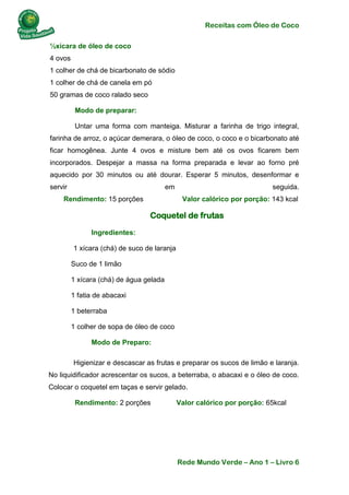 Receitas com Óleo de Coco
Rede Mundo Verde – Ano 1 – Livro 6
½xícara de óleo de coco
4 ovos
1 colher de chá de bicarbonato de sódio
1 colher de chá de canela em pó
50 gramas de coco ralado seco
Modo de preparar:
Untar uma forma com manteiga. Misturar a farinha de trigo integral,
farinha de arroz, o açúcar demerara, o óleo de coco, o coco e o bicarbonato até
ficar homogênea. Junte 4 ovos e misture bem até os ovos ficarem bem
incorporados. Despejar a massa na forma preparada e levar ao forno pré
aquecido por 30 minutos ou até dourar. Esperar 5 minutos, desenformar e
servir em seguida.
Rendimento: 15 porções Valor calórico por porção: 143 kcal
Coquetel de frutas
Ingredientes:
1 xícara (chá) de suco de laranja
Suco de 1 limão
1 xícara (chá) de água gelada
1 fatia de abacaxi
1 beterraba
1 colher de sopa de óleo de coco
Modo de Preparo:
Higienizar e descascar as frutas e preparar os sucos de limão e laranja.
No liquidificador acrescentar os sucos, a beterraba, o abacaxi e o óleo de coco.
Colocar o coquetel em taças e servir gelado.
Rendimento: 2 porções Valor calórico por porção: 65kcal
 