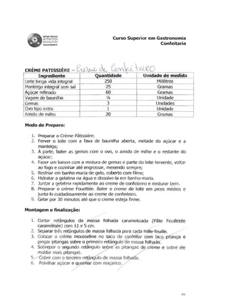 Curso Superior em Gastronomia
                                                                 Confeitaria




CREME PATISSIERE -          ~v..L- ~ Co-v~ t4.-'tQ

        Ingrediente                  Quantidade             Unidade de medida
Leite lonaa vida intearal               250                      Mililitros
Manteiaa integral sem sal                25                      Gramas
Acucarrefinado                           60                      Gramas
Vaaem de baunilha                        %                       Unidade
Gemas                                    3                       Unidades
Ovo tipo extra                            1                      Unidade
Amido de milho                           20                      Gramas

Modo de Preparo:

   1.	 Preparar 0 Creme Patissiere.
   2.	 Ferver 0 leite com a fava de baunilha aberta, metade do ac;ucar e a
        manteiga;
   3.	 A parte, bater as gemas com 0 ovo, 0 amido de milho e 0 restante do
       ac;ucar;
   4.	 Fazer urn liaison com a mistura de gemas e pa,rte do leite fervente, voltar
       ao fogo e cozinhar ate engrossar, mexendo sempre;
   5.	 Resfriar em banho-maria de gelo, coberto com filme;
   6.	 Hidratar a gelatina na agua e dissolve-Ia em banho-maria.
   7.	 Juntar a ge!atina rapidamente ao creme de confeiteiro e misturar bern.
   8.	 Preparar 0 creme Fouettee. Bater 0 creme de leite em picos medias e
       junta-Io cuidadosamente ao creme de confeiteiro.
   9.	 Gelar por 30 minutos ate que 0 creme esteja firme.

Montagem e finalizac;ao:

   1.	 Cortar retangulos da     massa folhada caramelizada (Pate FeuiJletee
       caramelisee) com 11 x 5 em.
   2.	 Separar tres retangulos de massa folhada para cada rtlille-feuille.
   3.	 Colocar°   creme mousseline no saco de .s0W'eitar com bicQ. f'itanga e
                             °
       pingar pitangas sobre primeiro retan lOde massa folh9fla~
   4.	 Sobrepor 0 segundo retangulo so       as pitangas de reme e sobre ele
       moldar mais pitangas.
                  °
   5.- Cobrir com terceiro ret
                                 A

                                   ulo de massa folha
   6. Polvilhar ac;ucar e queimar com ma<;arico. /'
 