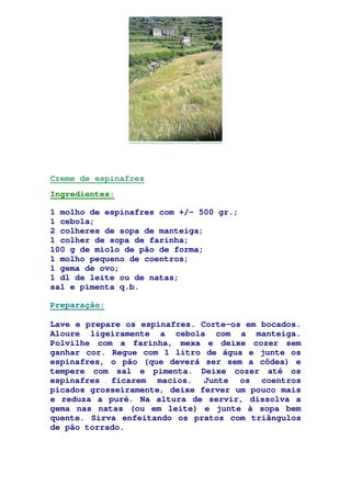 Creme de espinafres
Ingredientes:
1 molho de espinafres com +/- 500 gr.;
1 cebola;
2 colheres de sopa de manteiga;
1 colher de sopa de farinha;
100 g de miolo de pão de forma;
1 molho pequeno de coentros;
1 gema de ovo;
1 dl de leite ou de natas;
sal e pimenta q.b.
Preparação:
Lave e prepare os espinafres. Corte-os em bocados.
Aloure ligeiramente a cebola com a manteiga.
Polvilhe com a farinha, mexa e deixe cozer sem
ganhar cor. Regue com 1 litro de água e junte os
espinafres, o pão (que deverá ser sem a côdea) e
tempere com sal e pimenta. Deixe cozer até os
espinafres ficarem macios. Junte os coentros
picados grosseiramente, deixe ferver um pouco mais
e reduza a puré. Na altura de servir, dissolva a
gema nas natas (ou em leite) e junte à sopa bem
quente. Sirva enfeitando os pratos com triângulos
de pão torrado.
 