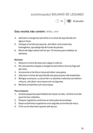 (continuação) BOLINHO DE LEGUMES

                                         ¹
                                         1h ä
                                            20 porções



Esta receita não contém: leite, ovo

4. Adicione a margarina sem leite e o creme de soja diluído em
   água e mexa.
5. Coloque a farinha aos poucos, até obter uma massa lisa,
   homogênea, que desgruda do fundo da panela.
6. Retire do fogo e deixe esfriar por 15 minutos para modelar os
   bolinhos.

Recheio
1. Misture o creme de soja com a água e reserve.
2. Em uma panela coloque a margarina sem leite e leve ao fogo até
   derreter.
3. Acrescente a farinha e mexa até obter uma pasta.
4. Adicione o creme de soja diluído aos poucos para não empelotar.
5. Refogue a cenoura, a couve flor e a salsinha e adicione ao molho e
   misture, até obter uma massa com os legumes.
6. Recheie os bolinhos com essa massa.

Para empanar
1. Amasse pequenas quantidades da massa na mão, recheie e enrole
    para formar o bolinho.
2. Prepare a gelatina conforme as instruções do envelope.
3. Passe os bolinhos na gelatina e em seguida na farinha de rosca.
4. Frite-os em óleo bem quente até dourar.




                                                                    51
 