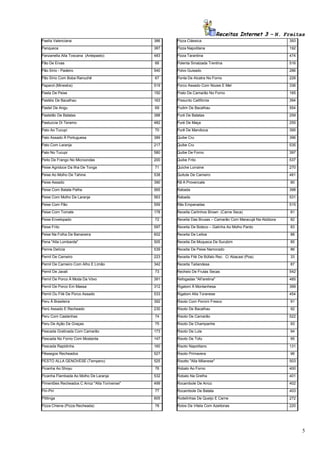 Receitas Internet 3 – N. Freitas
Paella Valenciana

386

Pizza Clássica

393

Panqueca

387

Pizza Napolitana

192

Panzanella Alla Toscana (Antepasto)

483

Pizza Tarantina

474

Pão De Ervas

66

Polenta Smalzada Trentina

516

Pão Sírio - Padeiro

540

Polvo Guisado

286

Pão Sírio Com Boba Ranuchê

67

Ponta De Alcatra No Forno

228

Paparot (Minestra)

519

Porco Assado Com Nozes E Mel

336

Pasta De Peixe

150

Prato De Camarão No Forno

165

Pastéis De Bacalhau

163

Presunto Califórnia

394

Pastel De Angu

69

Pudim De Bacalhau

554

Pastelão De Batatas

388

Puré De Batatas

259

Pastuccia Di Teramo

482

Puré De Maça

255

Pato Ao Tucupi

70

Purê De Mandioca

395

Pato Assado À Portuguesa

389

Quibe Cru

396

Pato Com Laranja

217

Quibe Cru

535

Pato No Tucupi

580

Quibe De Forno

397

Peito De Frango No Microondas

200

Quibe Frito

537

Peixe Agridoce Da Ilha De Tonga

71

Quiche Lorraine

270

Peixe Ao Molho De Tahine

538

Quitute De Carneiro

481

Peixe Assado

390

Rã A Provencale

80

Peixe Com Batata Palha

565

Rabada

398

Peixe Com Molho De Laranja

563

Rabada

531

Peixe Com Pão

559

Rãs Empanadas

515

Peixe Com Tomate

178

Receita Carlinhos Brown (Carne Seca)

81

Peixe Envelopado

72

Receita Das Bruxas – Camarão Com Maracujá Na Abóbora

82

Peixe Frito

597

Receita De Boteco – Galinha Ao Molho Pardo

83

Peixe Na Folha De Bananeira

602

Receita De Leitoa

88

Pena "Alla Lombarda"

505

Receita De Moqueca De Surubim

85

Penne Delícia

539

Receita De Peixe Namorado

86

Pernil De Carneiro

223

Receita Filé De Búfalo Rec. C/ Abacaxi (Poa)

33

Pernil De Carneiro Com Alho E Limão

342

Receita Tailandesa

87

Pernil De Javali

73

Recheio De Frutas Secas

542

Pernil De Porco À Moda Da Vóvo

391

Refogadas "All'aretina"

485

Pernil De Porco Em Massa

312

Rigatoni À Montanhesa

399

Pernil Ou Filé De Porco Assado

533

Rigatoni Alla Toranese

454

Peru À Brasileira

392

Risoto Com Porcini Fresco

91

Perú Assado E Recheado

230

Risoto De Bacalhau

92

Peru Com Castanhas

74

Risoto De Camarão

522

Peru De Ação De Graças

75

Risoto De Champanhe

93

Pescada Gratinada Com Camarão

173

Risoto De Lula

94

Pescada No Forno Com Mostarda

147

Risoto De Tofu

95

Pescada Rapidinha

160

Risoto Napolitano

131

Pêssegos Recheados

527

Risoto Primavera

96

PESTO ALLA GENOVESE (Tempero)

525

Risotto "Alla Milanese"

503

Picanha Ao Shoyu

76

Robalo Ao Forno

400

Picanha Flambada Ao Molho De Laranja

532

Robalo Na Grelha

401

Pimentões Recheados C Arroz "Alla Torinense"

499

Rocambole De Arroz

402

Piri-Piri

77

Rocambole De Batata

403

Pititinga

605

Rodelinhas De Queijo E Carne

272

Pizza Chiena (Pizza Recheada)

78

Rolos De Vitela Com Azeitonas

220

5

 