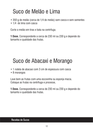 Suco de Melão e Lima
• 350 g de melão (cerca de 1/4 de melão) sem casca e sem sementes
• 1/4 de lima com casca
Corte o melão em tiras e bata na centrífuga.
1 Dose. Correspondente a cerca de 230 ml ou 230 g e depende do

tamanho e qualidade das frutas.

Suco de Abacaxi e Morango
• 1 rodela de abacaxi com 3 cm de espessura com casca
• 8 morangos
Lave bem as frutas com uma escovinha ou esponja macia.
Coloque as frutas na centrífuga e processe,
1 Dose. Correspondente a cerca de 230 ml ou 230 g e depende do

tamanho e qualidade das frutas.

Receitas de Sucos


 
