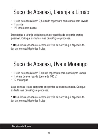 Suco de Abacaxi, Laranja e Limão
• 1 fatia de abacaxi com 2,5 cm de espessura com casca bem lavada
• 1 laranja
• 1/2 limão com casca
Descasque a laranja deixando a maior quantidade de parte branca
possível. Coloque as frutas s na centrífuga e processe.
1 Dose. Correspondente a cerca de 230 ml ou 230 g e depende do

tamanho e qualidade das frutas.

Suco de Abacaxi, Uva e Morango
• 1 fatia de abacaxi com 3 cm de espessura com casca bem lavada
• 1 xícara de uva rosada (cerca de 100 g)
• 10 morangos
Lave bem as frutas com uma escovinha ou esponja macia. Coloque
as frutas na centrífuga e processe.
1 Dose. Correspondente a cerca de 230 ml ou 230 g e depende do

tamanho e qualidade das frutas.

Receitas de Sucos
$

 