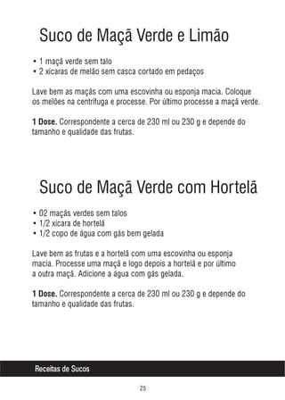 Suco de Maçã Verde e Limão
• 1 maçã verde sem talo
• 2 xícaras de melão sem casca cortado em pedaços
Lave bem as maçãs com uma escovinha ou esponja macia. Coloque
os melões na centrífuga e processe. Por último processe a maçã verde.
1 Dose. Correspondente a cerca de 230 ml ou 230 g e depende do

tamanho e qualidade das frutas.

Suco de Maçã Verde com Hortelã
• 02 maçãs verdes sem talos
• 1/2 xícara de hortelã
• 1/2 copo de água com gás bem gelada
Lave bem as frutas e a hortelã com uma escovinha ou esponja
macia. Processe uma maçã e logo depois a hortelã e por último
a outra maçã. Adicione a água com gás gelada.
1 Dose. Correspondente a cerca de 230 ml ou 230 g e depende do

tamanho e qualidade das frutas.

Receitas de Sucos
#

 