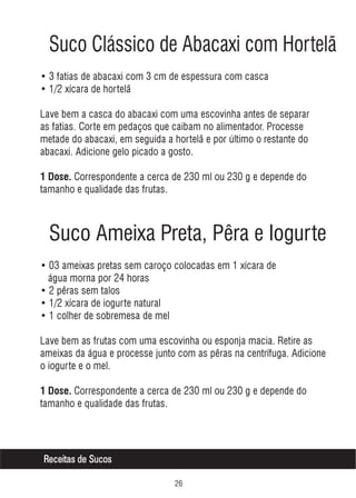Suco Clássico de Abacaxi com Hortelã
• 3 fatias de abacaxi com 3 cm de espessura com casca
• 1/2 xícara de hortelã
Lave bem a casca do abacaxi com uma escovinha antes de separar
as fatias. Corte em pedaços que caibam no alimentador. Processe
metade do abacaxi, em seguida a hortelã e por último o restante do
abacaxi. Adicione gelo picado a gosto.
1 Dose. Correspondente a cerca de 230 ml ou 230 g e depende do

tamanho e qualidade das frutas.

Suco Ameixa Preta, Pêra e Iogurte
• 03 ameixas pretas sem caroço colocadas em 1 xícara de
água morna por 24 horas
• 2 pêras sem talos
• 1/2 xícara de iogurte natural
• 1 colher de sobremesa de mel
Lave bem as frutas com uma escovinha ou esponja macia. Retire as
ameixas da água e processe junto com as pêras na centrífuga. Adicione
o iogurte e o mel.
1 Dose. Correspondente a cerca de 230 ml ou 230 g e depende do

tamanho e qualidade das frutas.

Receitas de Sucos
$

 