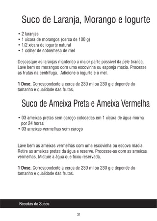 Suco de Laranja, Morango e Iogurte
• 2 laranjas
• 1 xícara de morangos (cerca de 100 g)
• 1/2 xícara de iogurte natural
• 1 colher de sobremesa de mel
Descasque as laranjas mantendo a maior parte possível da pele branca.
Lave bem os morangos com uma escovinha ou esponja macia. Processe
as frutas na centrífuga. Adicione o iogurte e o mel.
1 Dose. Correspondente a cerca de 230 ml ou 230 g e depende do

tamanho e qualidade das frutas.

Suco de Ameixa Preta e Ameixa Vermelha
• 03 ameixas pretas sem caroço colocadas em 1 xícara de água morna
por 24 horas
• 03 ameixas vermelhas sem caroço
Lave bem as ameixas vermelhas com uma escovinha ou escova macia.
Retire as ameixas pretas da água e reserve. Processe-as com as ameixas
vermelhas. Misture a água que ficou reservada.
1 Dose. Correspondente a cerca de 230 ml ou 230 g e depende do

tamanho e qualidade das frutas.

Receitas de Sucos
!

 