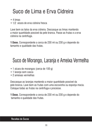 Suco de Lima e Erva Cidreira
• 4 limas
• 1/2 xícara de erva cidreira fresca
Lave bem os talos da erva cidreira. Descasque as limas mantendo
a maior quantidade possível da pele branca. Passe as frutas e a erva
cidreira na centrífuga.
1 Dose. Correspondente a cerca de 230 ml ou 230 g e depende do

tamanho e qualidade das frutas.

Suco de Morango, Laranja e Ameixa Vermelha
• 1 xícara de morangos (cerca de 100 g)
• 1 laranja sem casca
• 2 ameixas vermelhas
Descasque as laranjas mantendo a maior quantidade possível da
pele branca. Lave bem as frutas com uma escovinha ou esponja macia.
Coloque todas as frutas na centrífuga e processe.
1 Dose. Correspondente a cerca de 230 ml ou 230 g e depende do

tamanho e qualidade das frutas.

Receitas de Sucos
!!

 