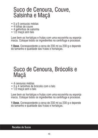 Suco de Cenoura, Couve,
Salsinha e Maçã
• 5 a 6 cenouras médias
• 4 folhas de couve
• 4 galhinhos de salsinha
• 1/2 maçã sem talo
Lave bem os hortaliças e frutas com uma escovinha ou esponja
macia. Coloque todos os ingredientes na centrífuga e processe.
1 Dose. Correspondente a cerca de 230 ml ou 230 g e depende

do tamanho e qualidade das frutas e hortaliças.

Suco de Cenoura, Brócolis e
Maçã
• 4 cenouras médias
• 3 a 4 raminhos de brócolis com o talo
• 1/2 maçã sem o talo
Lave bem os hortaliças e frutas com uma escovinha ou esponja
macia. Coloque todos os ingredientes na centrífuga e processe.
1 Dose. Correspondente a cerca de 230 ml ou 230 g e depende

do tamanho e qualidade das frutas e hortaliças.

Receitas de Sucos
$

 
