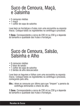 Suco de Cenoura, Maçã,
e Salsinha
• 5 cenouras médias
• 1 maçã
• 1 colher de sopa de salsinha
Lave bem os hortaliças e frutas com uma escovinha ou esponja
macia. Coloque todos os ingredientes na centrífuga e processe.
1 Dose. Correspondente a cerca de 230 ml ou 230 g e depende

do tamanho e qualidade das frutas e hortaliças.

Suco de Cenoura, Salsão,
Salsinha e Alho
• 6 cenouras médias
• 2 talos de salsão
• 1 colher de sopa de salsinha
• 2 dentes de alho descascados
Lave bem os legumes e folhas com uma escovinha ou esponja
macia. Coloque todos os ingredientes na centrífuga e processe,
começando pelo alho.
Obs.: deixe as cenouras por último para que “limpem” a peneira da
centrífuga eliminando o cheiro do alho.
1 Dose. Correspondente a cerca de 230 ml ou 230 g e depende

do tamanho e qualidade das frutas e hortaliças.

Receitas de Sucos
#

 