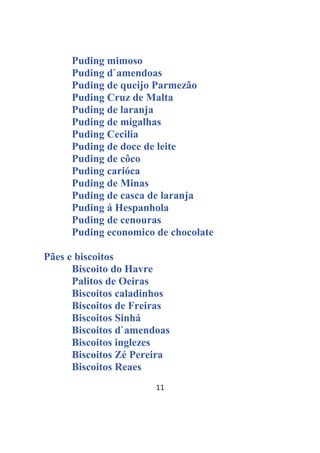 11
Puding mimoso
Puding d`amendoas
Puding de queijo Parmezão
Puding Cruz de Malta
Puding de laranja
Puding de migalhas
Puding Cecilia
Puding de doce de leite
Puding de côco
Puding carióca
Puding de Minas
Puding de casca de laranja
Puding á Hespanhola
Puding de cenouras
Puding economico de chocolate
Pães e biscoitos
Biscoito do Havre
Palitos de Oeiras
Biscoitos caladinhos
Biscoitos de Freiras
Biscoitos Sinhá
Biscoitos d`amendoas
Biscoitos inglezes
Biscoitos Zé Pereira
Biscoitos Reaes
 